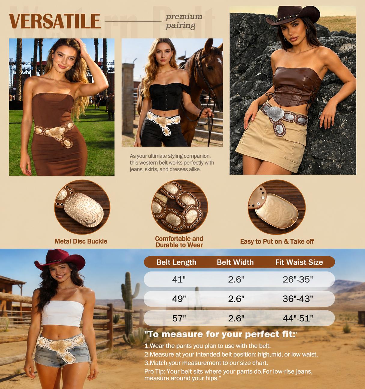 SUOSDEY Belts for Women, Wide Western Concho Belt in PU Leather, Cowgirl Style for Jeans Dresses, Adjustable Plus Size