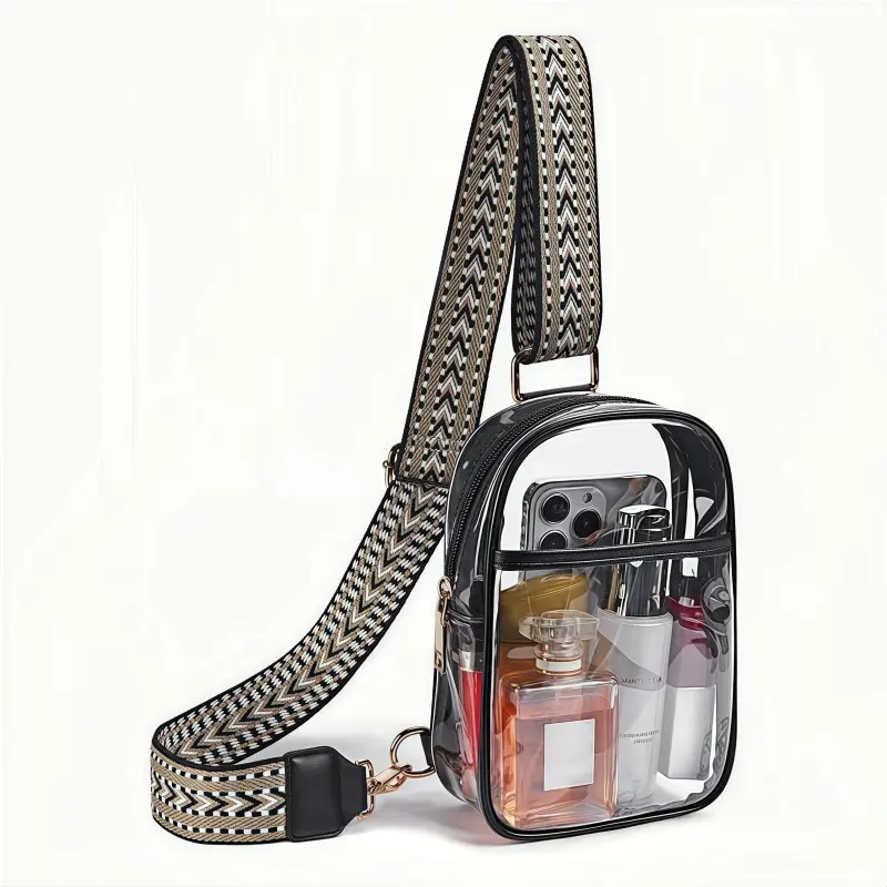 Clear Chest Bag with Ethnic Style Guitar Shoulder Strap - Multi-Way Stadium Approved Purse with Adjustable Strap, Roomy Pockets for Concerts, Airport & Daily Use, Great Gift for Women,Hands-Free