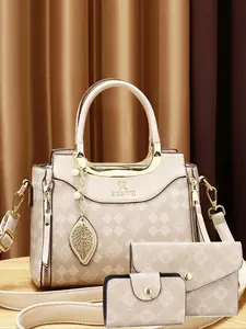 Women's Elegant Leaf Embossed Pu Leather Handbag & Wallet & Purse, Fashionable Large Capacity Tote Bag Set for Daily Use