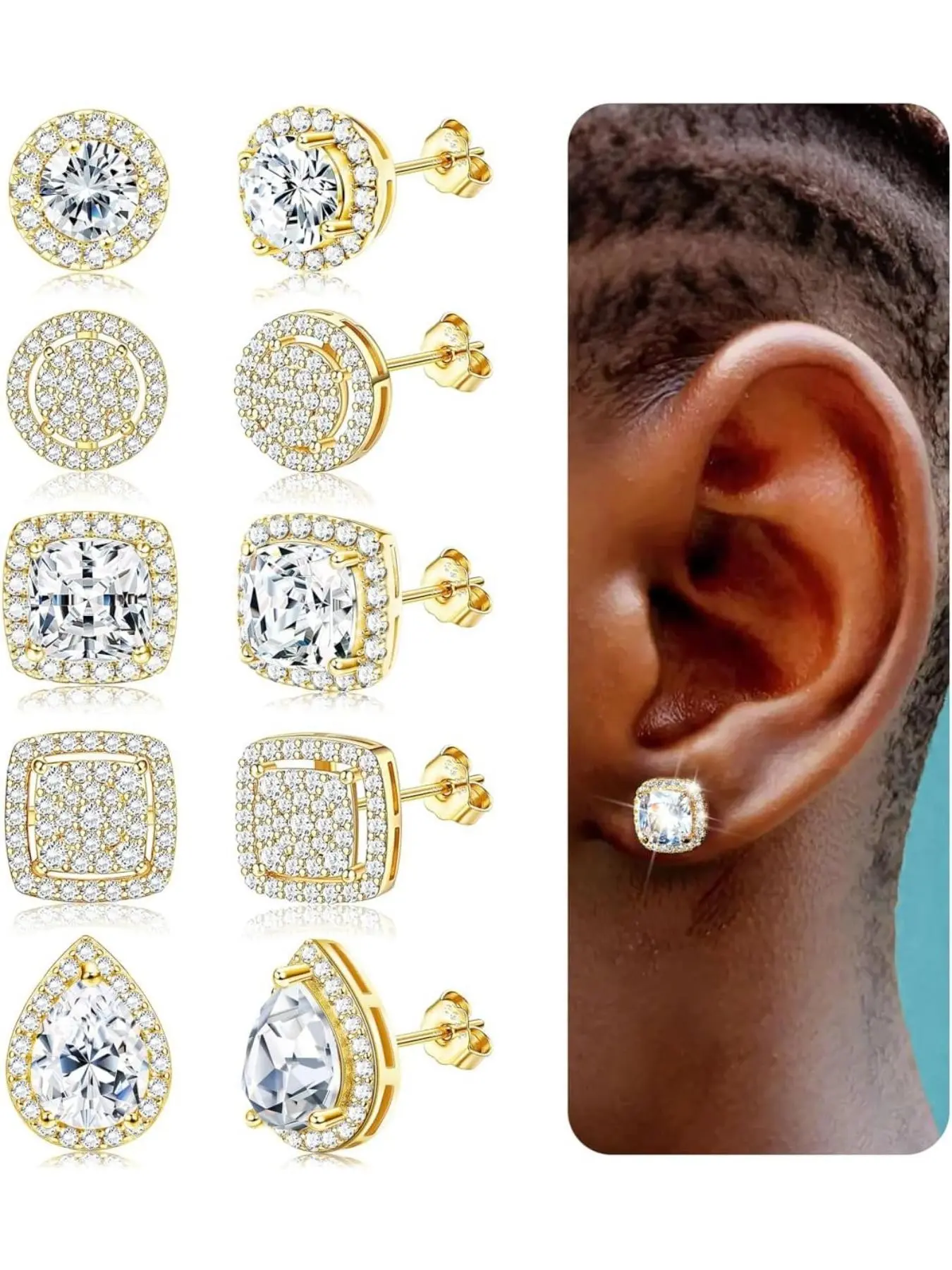 Cubic Zirconia Stud Earrings for Women & Men, Simulated Diamond Cz Halo, 18k Plated, Hypoallergenic, 925 Sterling Silver Posts, Stud Earring Jewelry, Shining Earrings, Earrings Studs