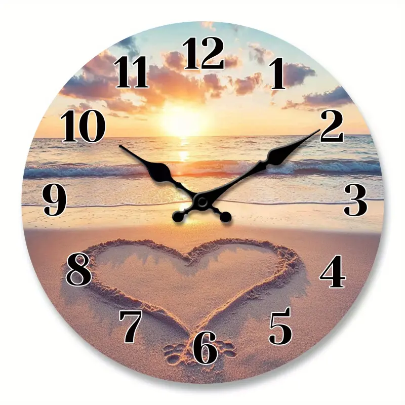 A heart-themed silent wall clock with a beach sunrise design, battery-powered, suitable for decorating the living room, bedroom, or kitchen, making it a sweet gift for Valentine's Day and other romantic occasions (requires AA batteries)