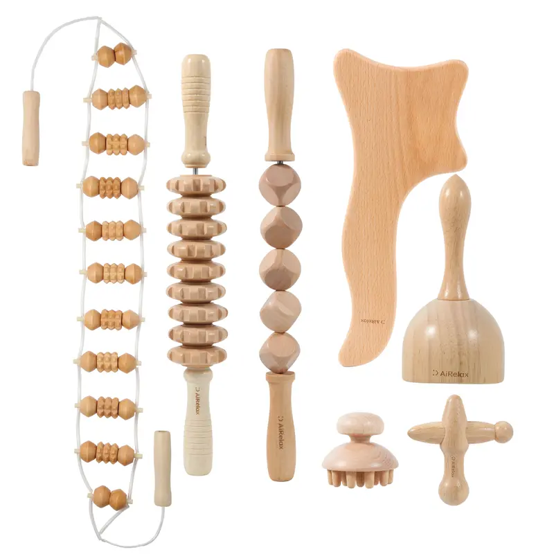 7-Pack Skin-Friendly Natural Wood Manual Massage Tools Kit - Maderoterapia Colombiana, Gua Sha, Cellulite Removal, Lymphatic Support, Muscle Roller Stick, Hip Care, Back Care, Full-Body Use, for Adults, Gifting