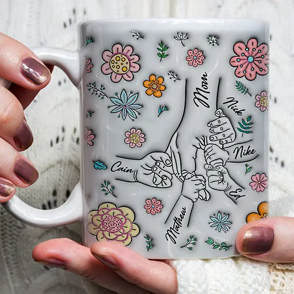 Personalized Mothers Day Mug for Mom - Custom Floral Mug with Hands 11oz & 15oz Ceramic White Mug, 3D Inflated Effect Printed Mug - Stylish, Drinkware