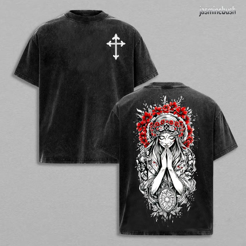 Christian Cross & Virgin Mary Double Printed Vintage Washed Tee, Unisex Oversized Heavyweight Cotton T-shirt, Faith Streetwear Religious Shirt, Grunge Aesthetic , Church Outfit Gym Pump Cover