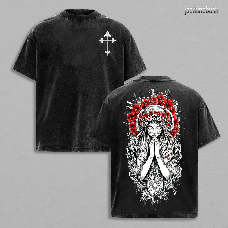Christian Cross & Virgin Mary Double Printed Vintage Washed Tee, Unisex Oversized Heavyweight Cotton T-shirt, Faith Streetwear Religious Shirt, Grunge Aesthetic , Church Outfit Gym Pump Cover