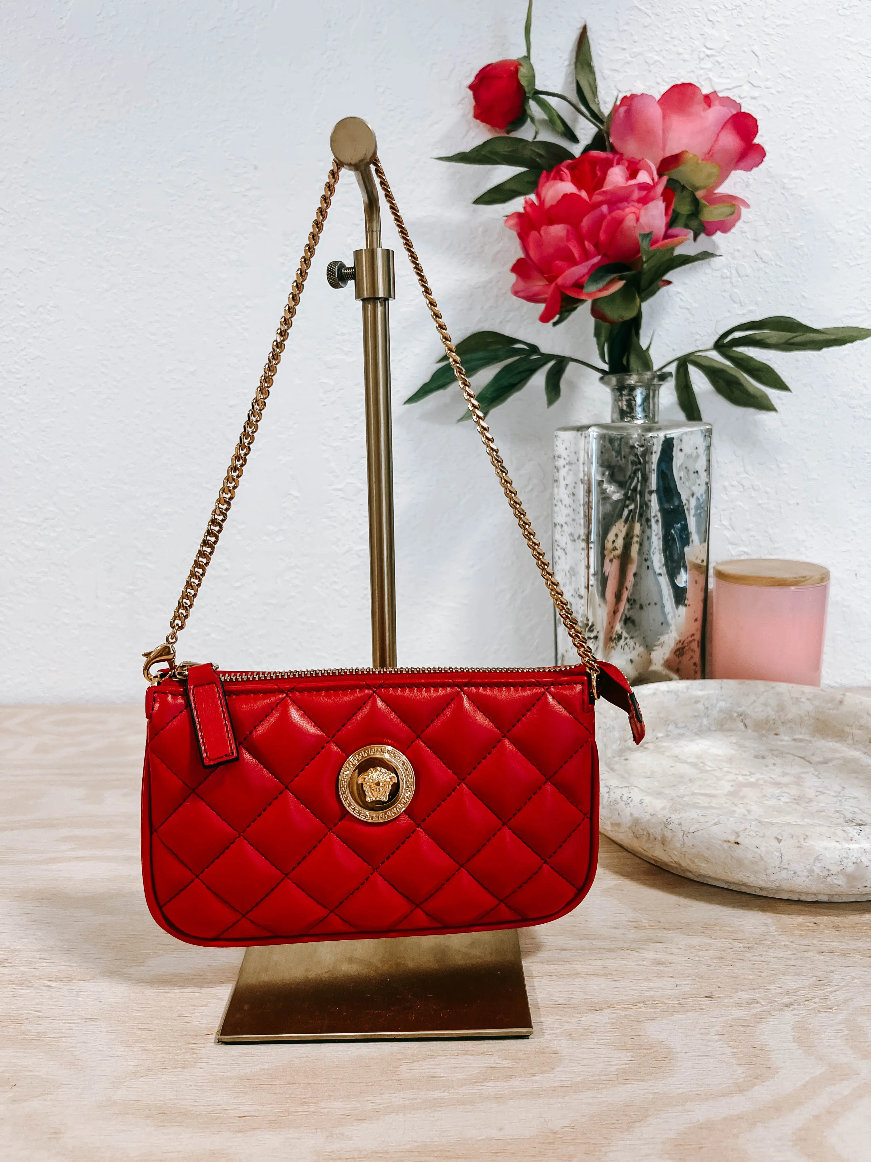 Pre-owned VERSACE Leather Mini Bags Mini Red Quilted Pochette *Final Sale*