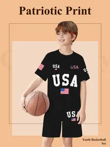 Boys' Sports Casual Set, Usa Patriotic Print Short Sleeve Shorts, Quick-Dry Breathable Kids Basketball Two-Piece Set