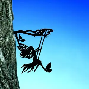 Swinging Elf on Branch Steel Silhouette Stake Outdoor Fairy Garden Yard Patio Wall Art Decor
