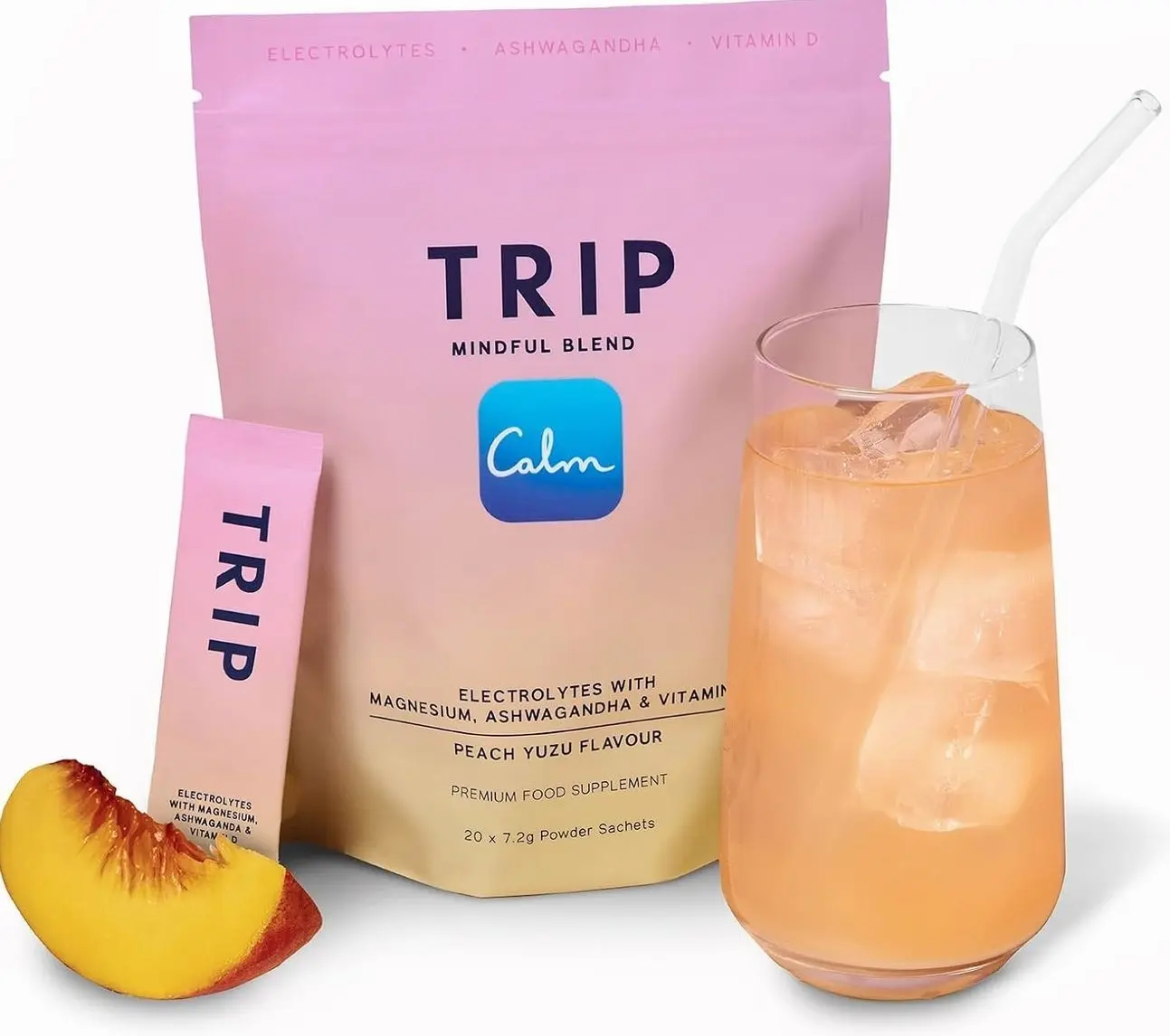 TRIP Electrolytes Powder Packets with Magnesium, Ashwagandha & Vitamin D. Peach Yuzu Daily Hydration Packets, Vegan, Electrolyte Drink Mix, Calming Hydration Powder, 20 Sachets