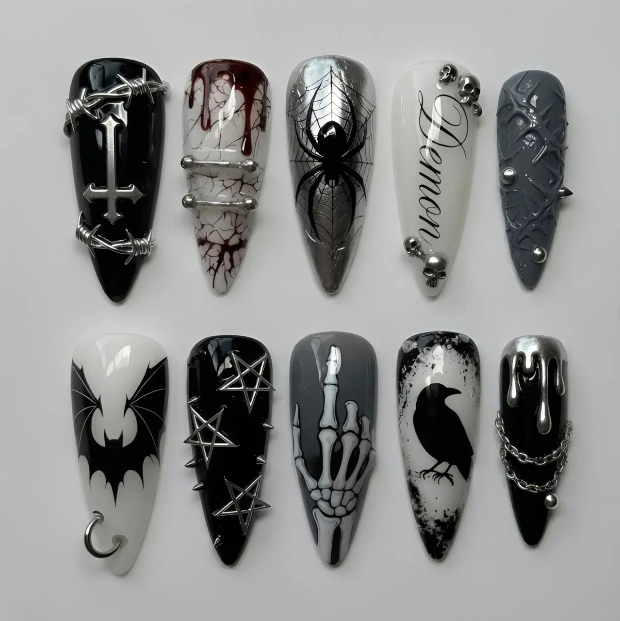 Handmade Gothic Punk Press On Nails | 3D Cross, Spider Web, Raven & Skeleton Art | Black White Dark Academia Stiletto Nail Set