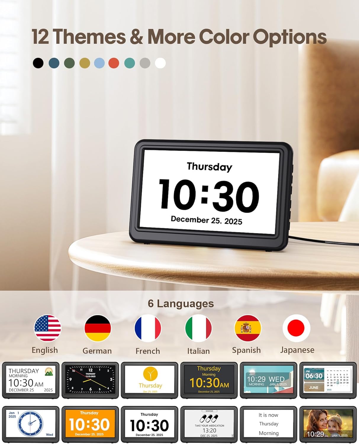 Clock with Day and Date for Elderly, 7" Large Display Digital Calendar Day Clock with 20 Custom Alarms and Medicine Reminders, Dimmable Dementia Alzheimers Clocks for Seniors, Black (Ac Powered)