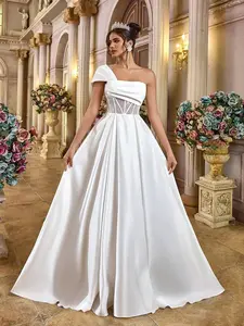 Elegant Aesthetic Satin One-Shoulder Lace Maxi Dress, Womenswear Formal Wedding Gown, Perfect for Celebrations and High-End Evening Events