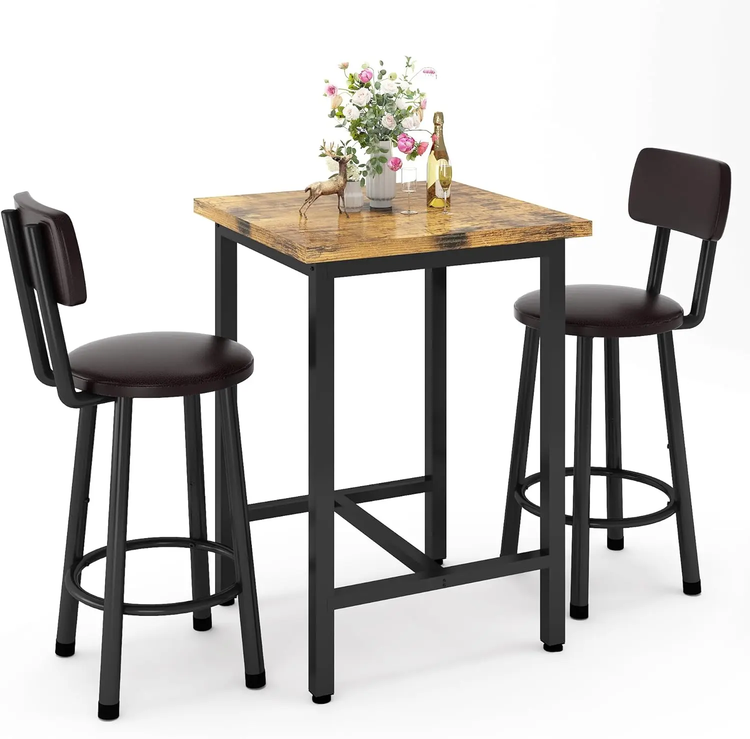 Recaceik 3 Piece Bar Table Set, Modern Bar Table and 2 Person Stools Kitchen Counter Height, Rustic Brown 24 Inch Antique Furniture Chair Dining Durable Sturdy Metal Frame Mdf Compact Design