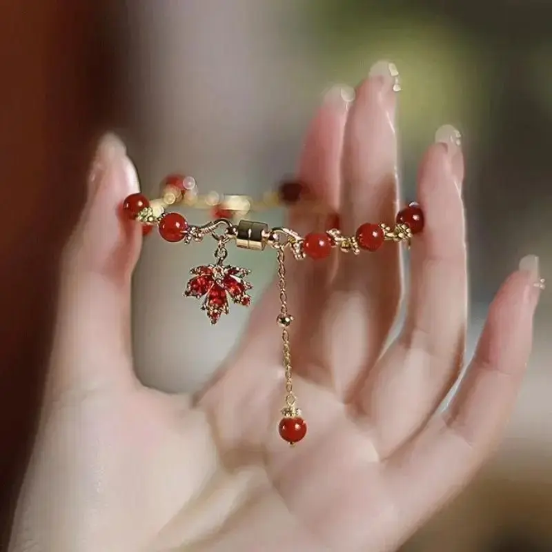 Anime Game Cosplay Bracelet Women Maple Leaf Pendant Beads Bracelets Jewelry Party Accessories