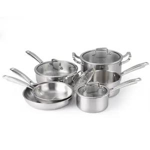 Superior Tri-Ply Stainless Steel Cookware Set – Non-Toxic, PFOA-Free, Induction & Oven Safe – Fast, Even Heat – Includes Frying Pans, Saucepans, Sauté Pan, Stock Pot with Lids – 10-Piece Set