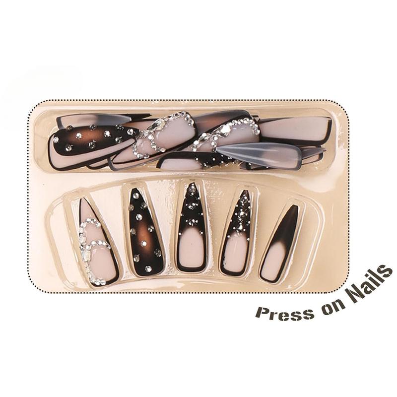 Black Ombre Press on Nails Long Stiletto Fake Nails Matte Rhinestone Extra Long False Nails Full Cover Glossy Glue on Acrylic Nails for Women 24Pcs