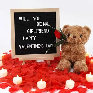 Will You Be My Girlfriend Romantic Sign with LED Candles and Artificial Rose Petals, Bear Stuffed   with Rose DIY Felt Letter Board Sign for (Red)