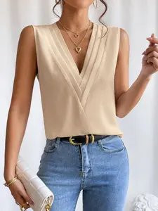 A women's fashionable and elegant solid color V-neck vest, suitable for daily wear, commuting, travel and leisure activities