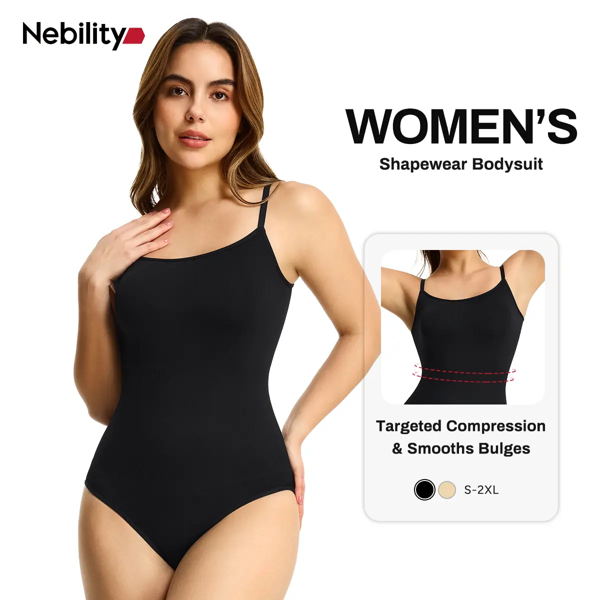 Nebility Women's Solid Seamless Camisole Bodysuit - Flat Neck Spaghetti Strap, Sleeveless Casual for Daily Wear, Minimalist Black Shapewear Vest Basic