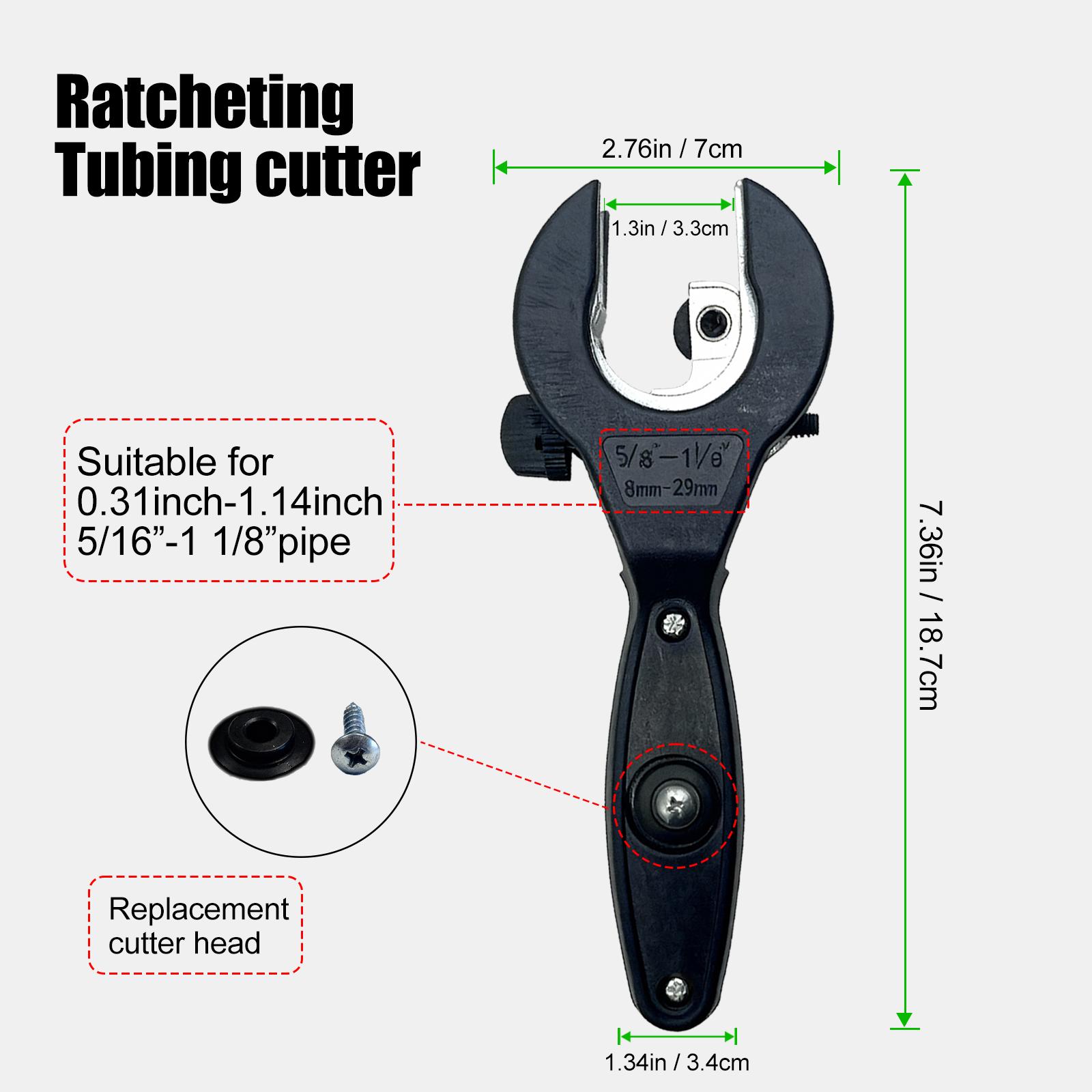 Ratcheting Tubing Cutter, 2-in-1 Compact Pipe Cutter for 5/16" to 1-1/8" Copper, Aluminum and Stainless Steel Tubing, One-Hand Fast Cutting Tool for Plumbing
