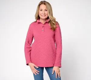 Susan Graver Weekend Quilted Cotton Rich Knit Mock-Neck Henley Top
