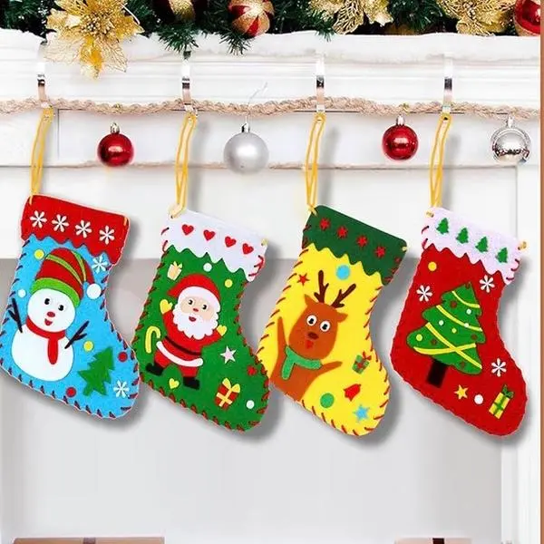 Christmas Felt Crafts DIY Felt Christmas Stocking Kit Xmas Stocking with Snowman Santa Reindeer Tree Ornaments 4 Pce Holiday Decorations for Home Party