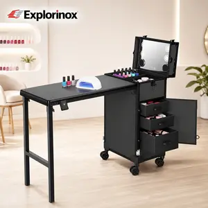 Explorinox Rolling Manicure Table with 3 Drawers, Portable Makeup Train Case with Mirror and Nail Polish Organizer, Foldable Nail Art Desk for Mobile Nail Technician Salon Use