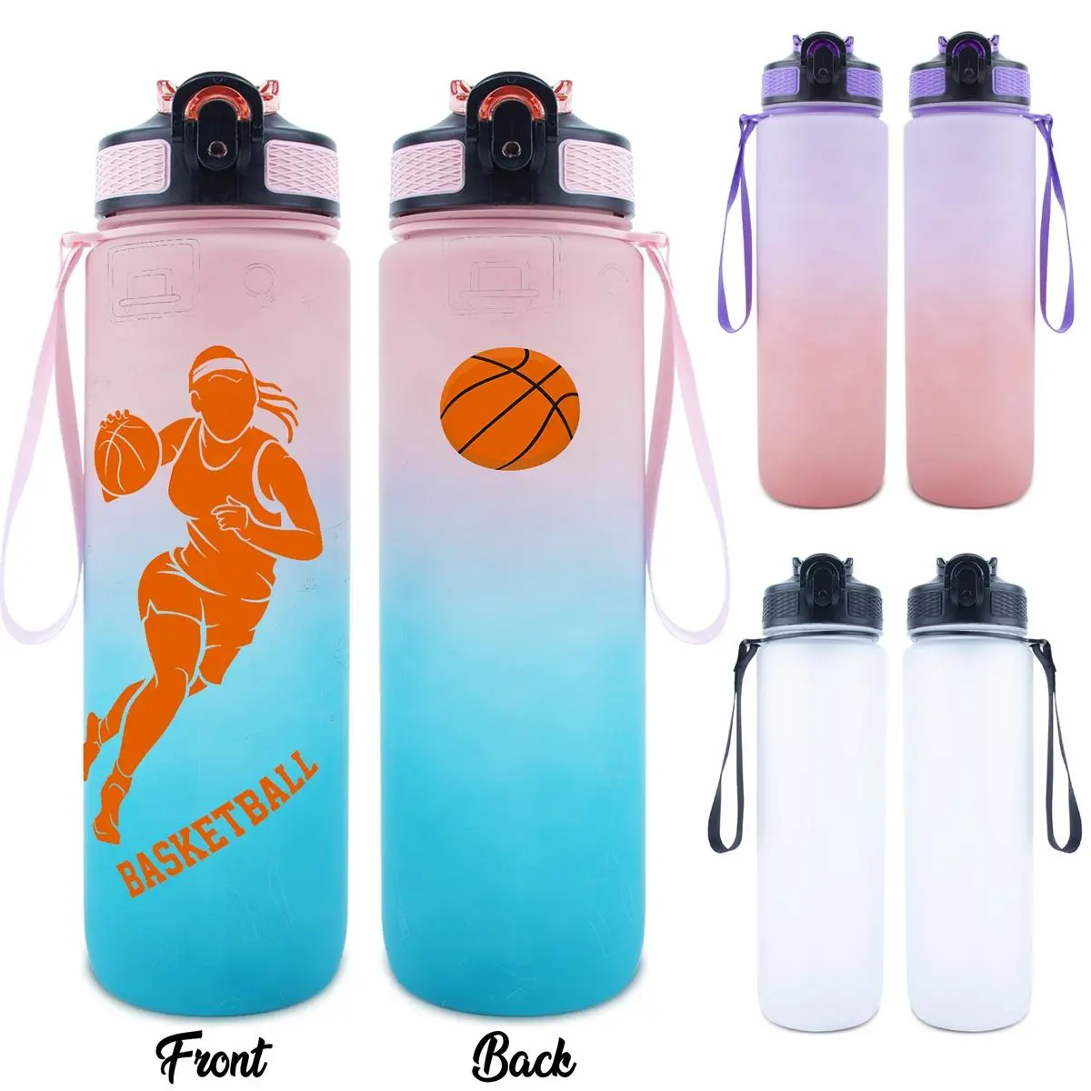 Basketball Player Silhouette Pattern Water Bottle, 1 Count 32oz Sports Water Bottle with Time Marker, Leakproof Design Water Bottle for Gym, Outdoor, Training