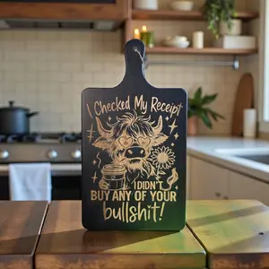 Checked My Receipt Black Cutting Board with Unique Highland Cow Design and Bold Statement for Kitchen Decor