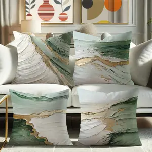 4pcs Fresh Green Golden-Tone Pillow Cover Set, Home Textile, Single-Sided Printed Sofa Cushion Covers, Square Polyester Pillowcases, and Modern Decorative Throw Pillow Inserts
