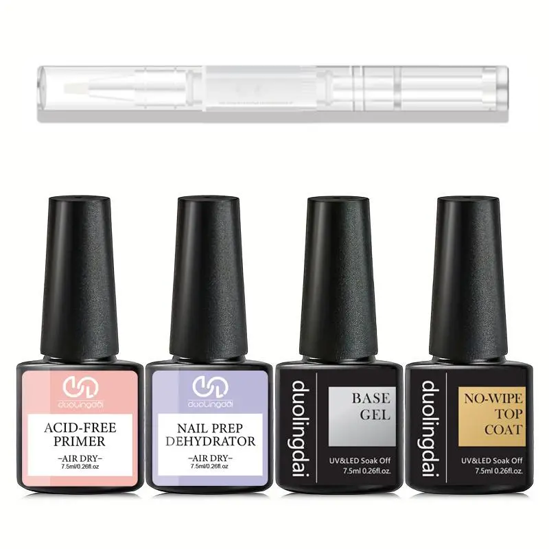 Nail Prep Dehydrator & Acid-free Primer Gel Base Top Coat Set with Nail Cuticle Oil, 5 Counts/set Dehydrator for Acrylic & Soak Off Gel Nail Polish, Gentle Nail Polish Set, Cosmetic, Manicure, Nail Care Solution, Nail Products
