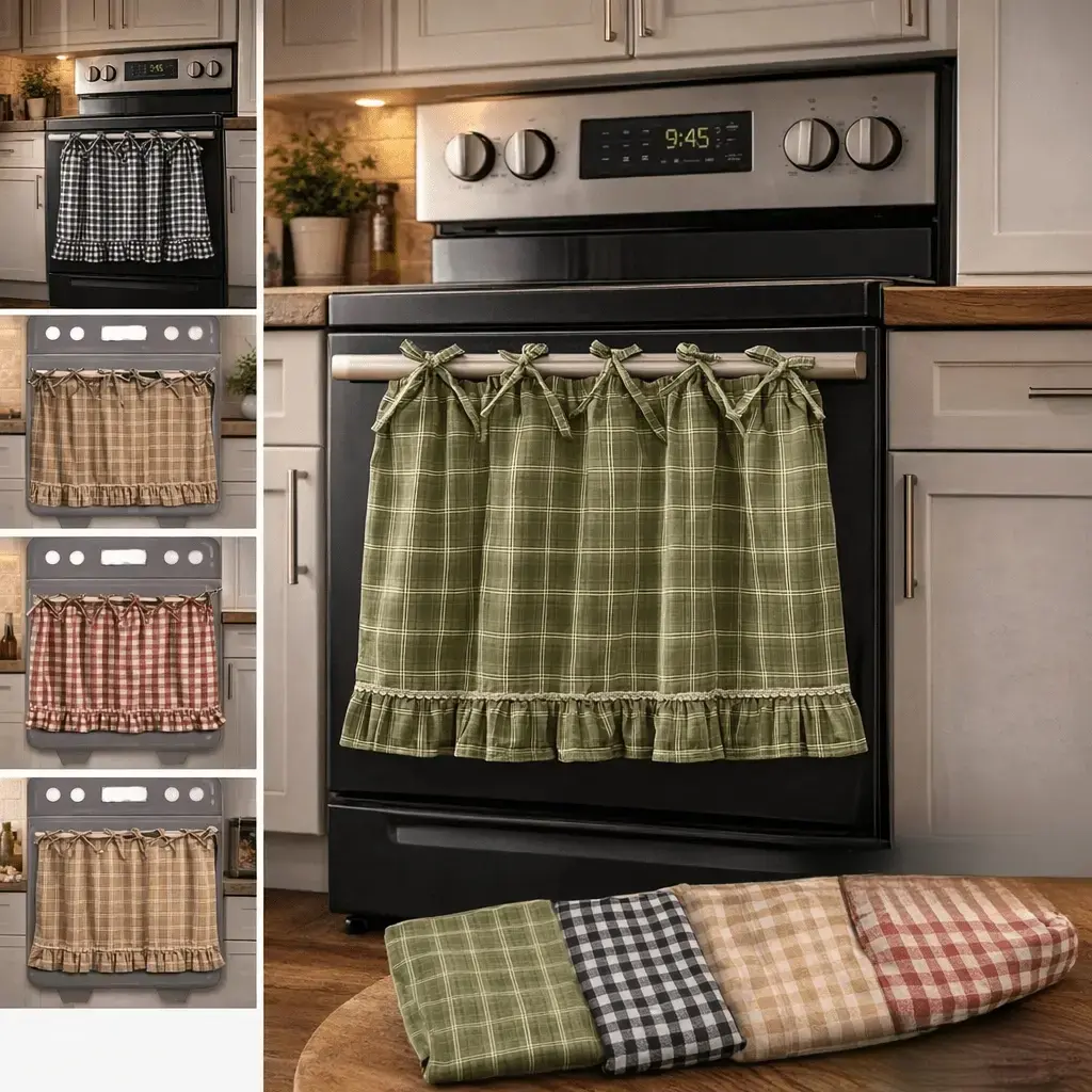 Farmhouse Oven Skirt, Grid Pattern Ruffle Edge Kitchen Stove Cover Panel, Decorative Cabinet Cover for Oven