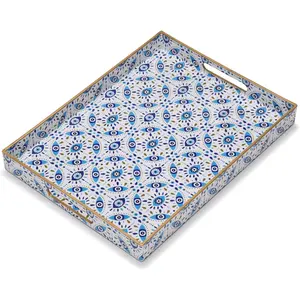 KENZY GIFTS Evil Eye Rectangular Serving Tray with Handles – Plastic Decorative Trays for Coffee Table for Ottoman, Bathroom, Kitchen and Living Room, 15.7" L x 11.8" W x 1.57" H (Rectangular)