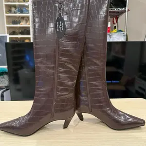 International Concepts Brown Crocodile Texture Knee-High Boots with Zipper Closure and Pointed Toe Design Footwear