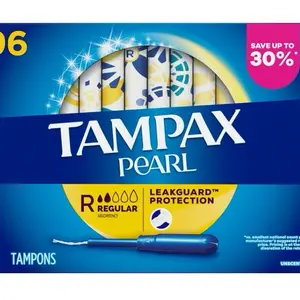 Tampax Pearl Regular Tampons LeakGuard Protection All Day Comfortable 96 Counts Absorbent FormFit Anti-Slip Grip