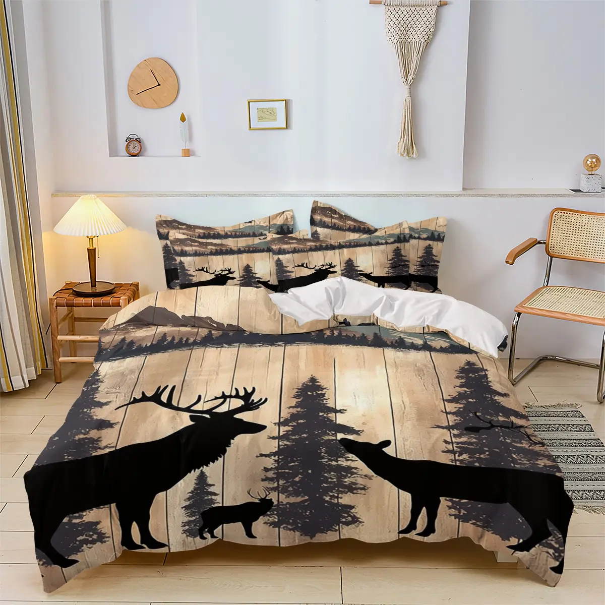 Forest Deer Pattern Decorative Bedsheet Sets, Decorative Bedding Set, Includes One Fitted Sheet and Two Pillowcases, 100% Polyester, Universal Size