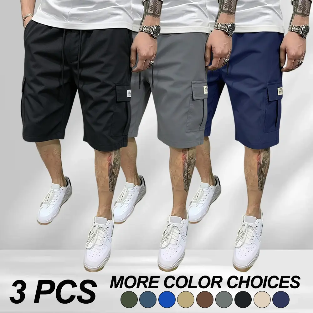 3-piece set of men’s fitted workwear shorts - casual summer drawstring color-blocked shorts that are lightweight and breathable, featuring diagonal insertion and multiple pockets; multifunctional for daily wear, beach, and fitness.Men’s fitted shorts; a