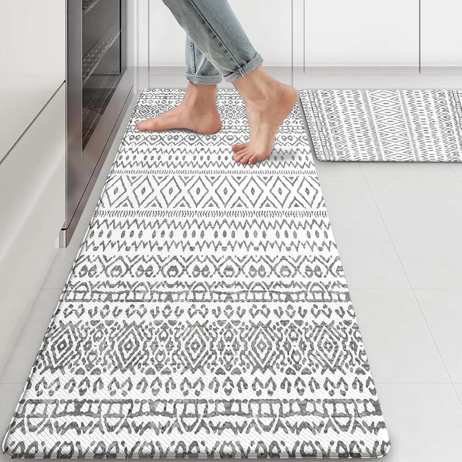 Boho Kitchen Mats for Floor Cushioned Anti Fatigue Kitchen Rugs Sets of 2, Non Slip Waterproof Black and White Kitchen Floor Mat, Comfort Memory Foam Standing Mat for Laundry Office Sink Desk