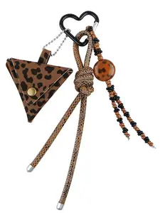 Triangle Leopard Print Coin Purse Keychain, Wallet Keychain with Heart Carabiner & Beaded Tassel Bag Charm Keychain Leopard Rope Knot Dangle Bag Charm Mini Pouch Key Charm for Backpack Purse