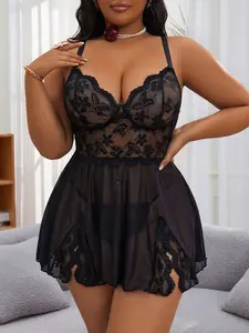 Lace Mesh Lingerie Set - Sexy Plus Size Spaghetti Strap Dress for Date Night