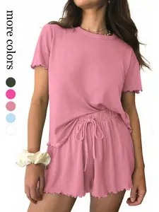 TFNOSIZE Women's Summer Ribbed Knit Casual Set Short-Sleeve Crew Neck T-Shirt with Elastic Waistband Pocketed High-Waisted Shorts Two-Piece Set for Women's Everyday Wear