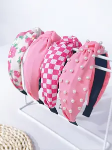 Elegant Women's Wide Set, Headbands On Forehead, Faux Pearl Fabric, Rose Plaid & Solid Colors, Floral Print Knot Design, All Seasons Wear, Chic Headbands
