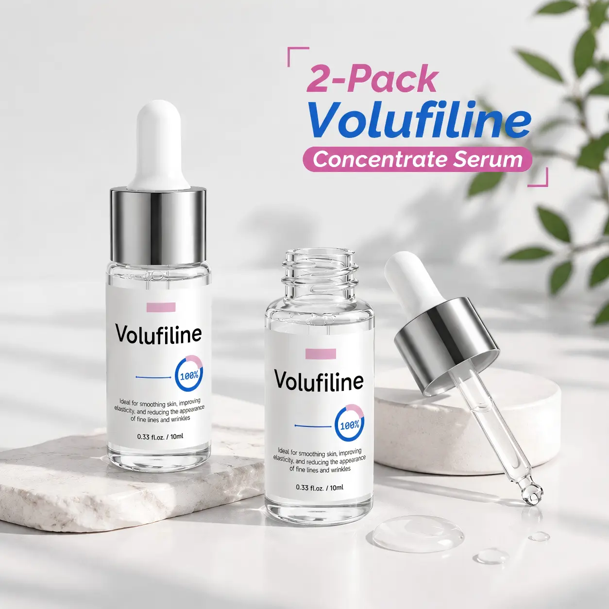 [New] 2-Pack Natural Volufiline Ampoule, Premium French Botanical Concentrate Serum 10ml (2*0.33 fl oz), Watery Quick-Absorb DIY Custom Skincare Mix Booster, Soft Smoothing Daily Facial Care Clear Liquid Essence, Suitable for All Adult Men & Women