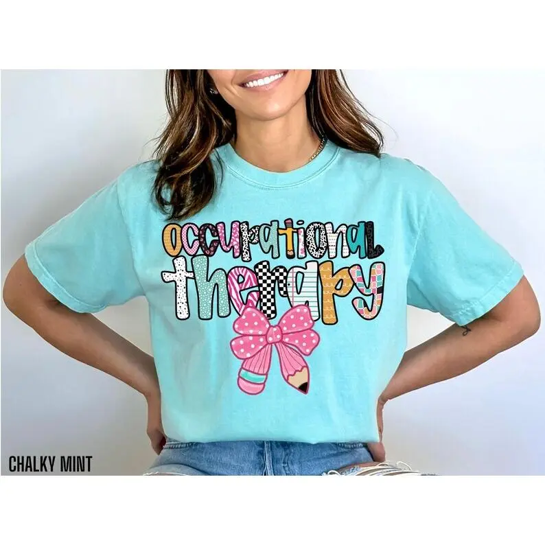 Occupational Therapy Shirt Comfort Colors OT Gift Occupational Therapist Tshirt COTA Tee School OT Pencil Bow Back to School T-Shirt Top Womenswear Medium Streetwear