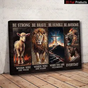 [2D Flat]1 Piece Of Canvas Art Print With Wooden Frame, Lion, Sheep, Cross, Man, Inspirational Quote, Be Strong Be Brave Be Humble Be Awesome, High Quality Wall Art Printed Poster Can Be Hung Directly, Pine Frame, Suitable For Home Decor All Year Round,Be