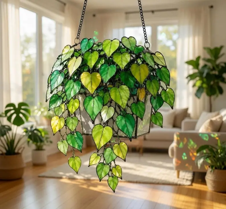 Hanging Heart Leaf Ivy Acrylic Suncatcher, Green Trailing Plant Window Decor, Boho Tropical Leaf Ornament, Gift for Plant Lover Mom