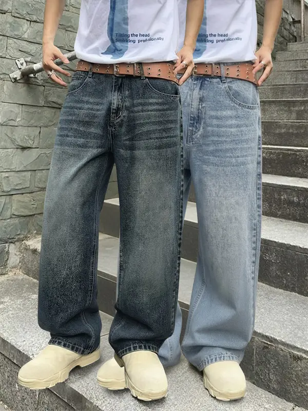 Baggy Hip Hop Jeans for Men Leg Skater Denim Pants Casual Loose Fit Long Trousers