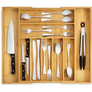 Bamboo Drawer Organizer-Expandable Silverware Organizer & Utensil Drawer Organizer, Cutlery Tray with Dividers, 7-9 Slots- Kitchen Organizer For Utensils,Flatware (Natural)