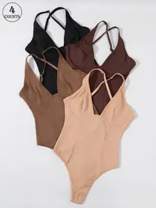 4 Pack Women's Deep V Cross Back Bodysuit Underwear, No Pad Adjustable Straps, High-Waisted Thong, Multi-Colors, Ideal for Layering & Dates