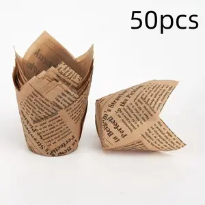 50 Newspaper Pattern Cake Cups, Oil-Resistant Tulip Paper Cup Liners, Ideal for Halloween, Christmas, Birthday, Wedding, Party Baking Supplies